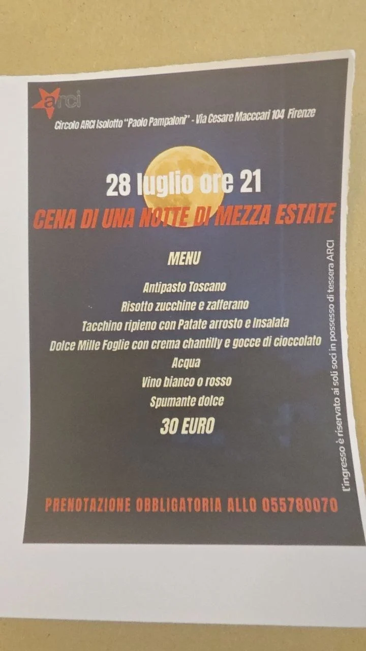Locandina: Cena di una notte di mezza estate al Circolo ARCI Isolotto