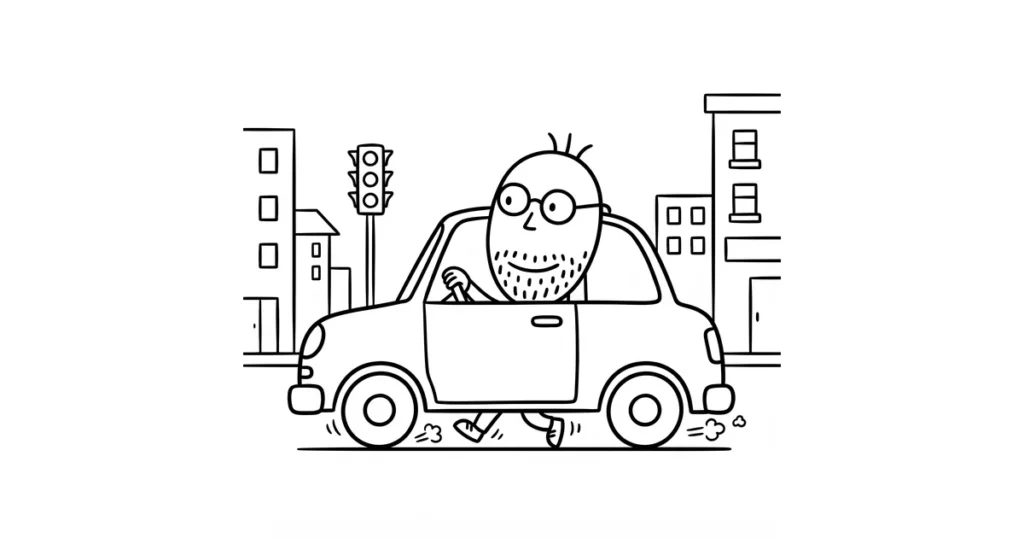 il Signor Sotto al volante di una automobile bassa; sotto l auto spuntano solo i suoi piedi che corrono; semaforo; palazzi; disegno a linea nera su fondo bianco
