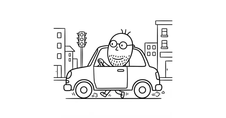 il Signor Sotto al volante di una automobile bassa; sotto l auto spuntano solo i suoi piedi che corrono; semaforo; palazzi; disegno a linea nera su fondo bianco