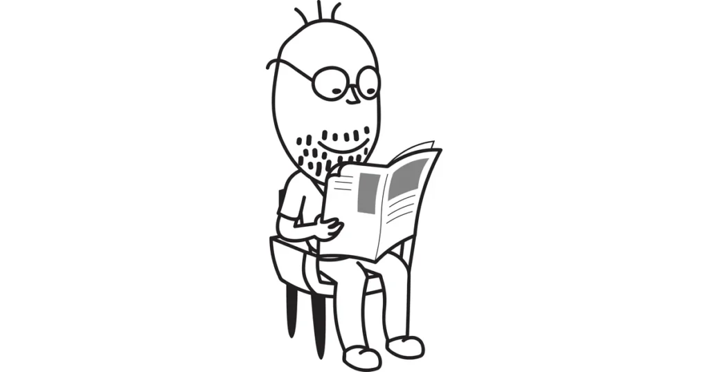 il Signor Sotto seduto su una sedia; legge un giornale aperto; occhiali tondi; barba corta; disegno a linea nera su fondo bianco