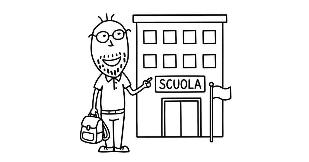 il Signor Sotto in piedi; zainetto da bambino in mano; indica l ingresso della scuola; edificio scolastico con insegna SCUOLA; bandiera; disegno a linea nera su fondo bianco