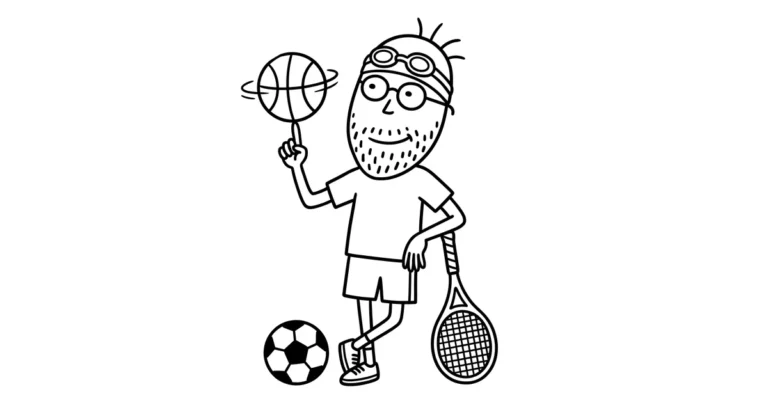il Signor Sotto in piedi; pantaloncini e scarpe da ginnastica; cuffia da nuoto; occhialini sulla fronte; racchetta da tennis appoggiata a terra; pallone da basket che ruota sul dito; pallone da calcio per terra; disegno a linea nera;