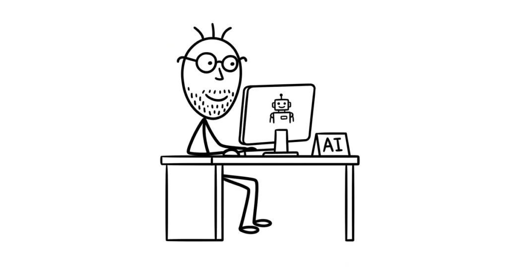 Signor Sotto; computer; robot sullo schermo; cartello AI; intelligenza artificiale