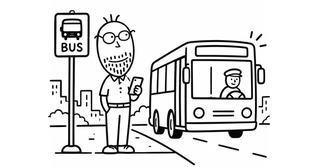 Signor Sotto alla fermata del bus con lo smartphone in mano; cartello BUS; autobus urbano in arrivo