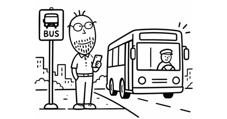 Signor Sotto alla fermata del bus con lo smartphone in mano; cartello BUS; autobus urbano in arrivo