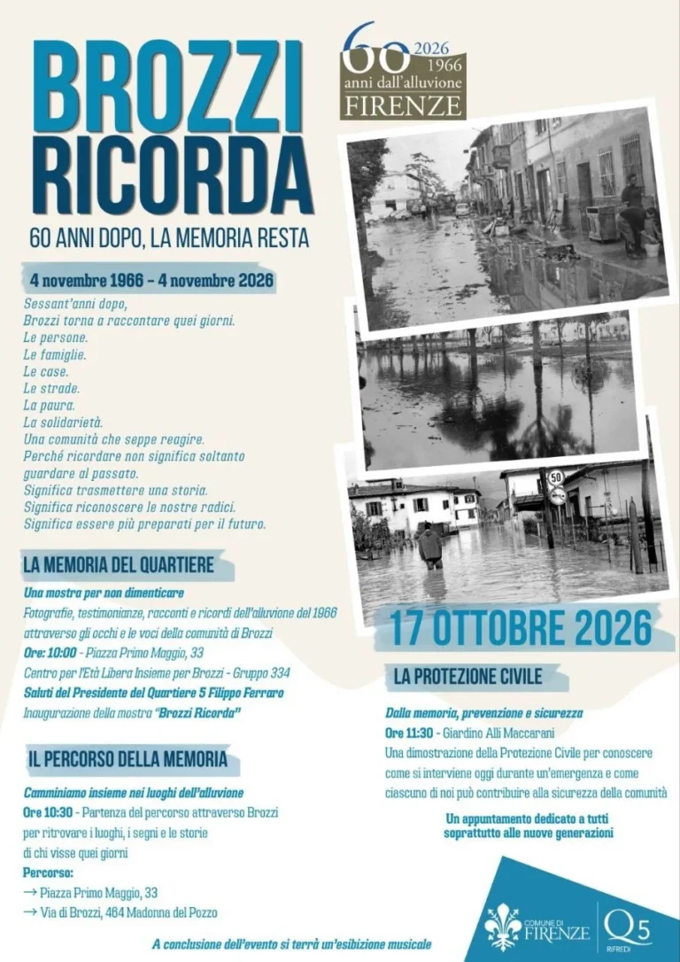 Locandina: «Brozzi Ricorda», 60 anni dall'alluvione del 1966: mostra, percorso della memoria e Protezione Civile